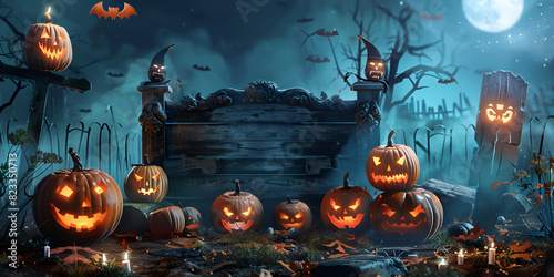 Closeup of carved pumpkins for Halloween Feast of the Dead Scary Night AI generated image
 photo