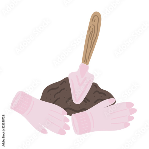 Ground and shovel flat design with gloves gardening set