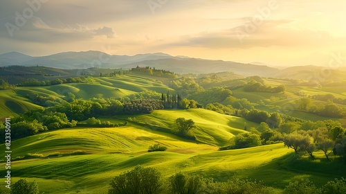 Serene Countryside Landscape with Rolling Hills. Beautiful afternoon light illuminates green hills. Ideal for nature-themed projects  backgrounds  and prints. AI