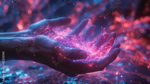 A closeup of hands meditating with holographic energy fields