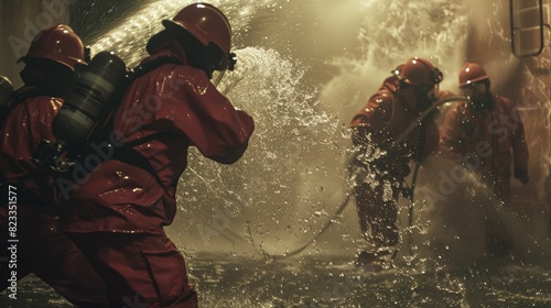 Firefighters in protective suits extinguish a fire photo