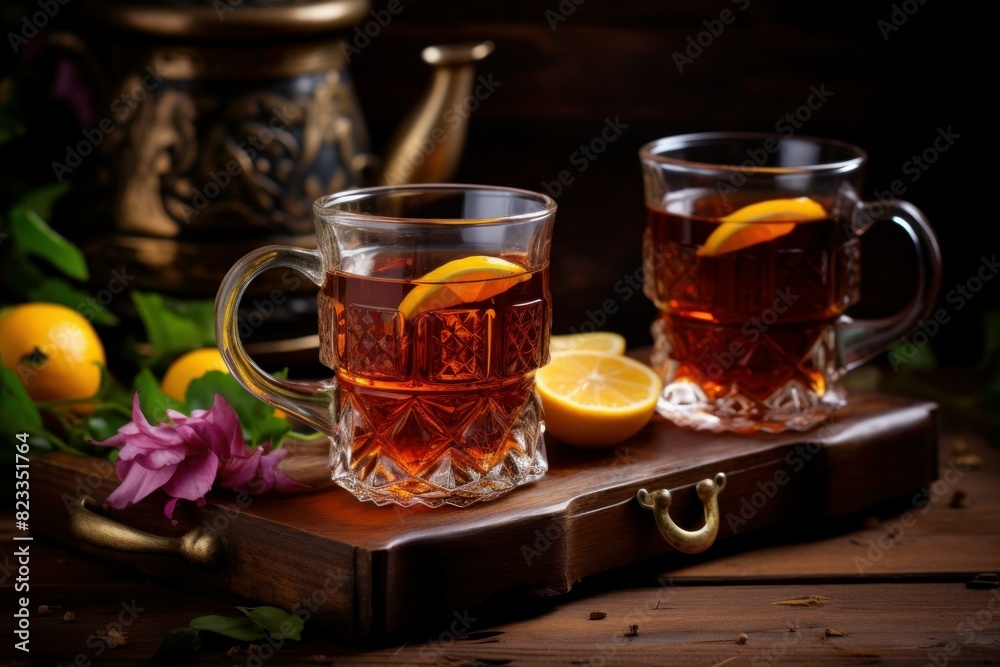 Authentic Turkish tea in traditional two glass on wooden background. Fresh drink liquid turkey. Generate Ai Authentic Turkish tea in traditional two glass on wooden background. Fresh drink liquid turkey. Generate Ai