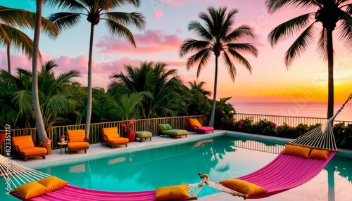 A serene tropical resort featuring a poolside view with vibrant hammocks and lush palm trees at sunset. The scene is tranquil and inviting, perfect for travel and vacation imagery.