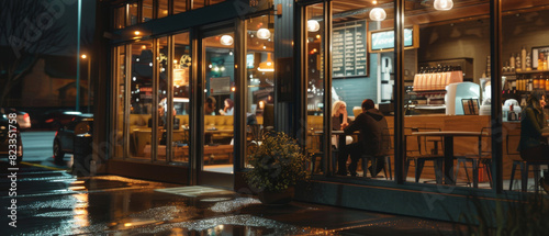 Cozy evening ambiance of a bustling city cafe seen from the outside.