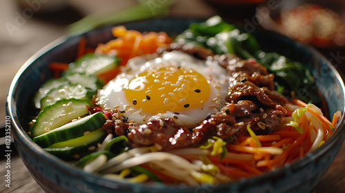 Primer plano, un plato de bibimbap coreano picante con verduras mixtas, carne de res y un huevo soleado photo