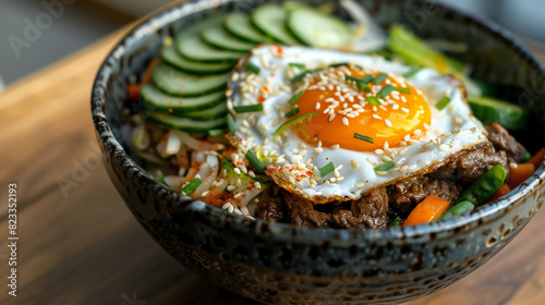Primer plano, un plato de bibimbap coreano picante con verduras mixtas, carne de res y un huevo soleado photo