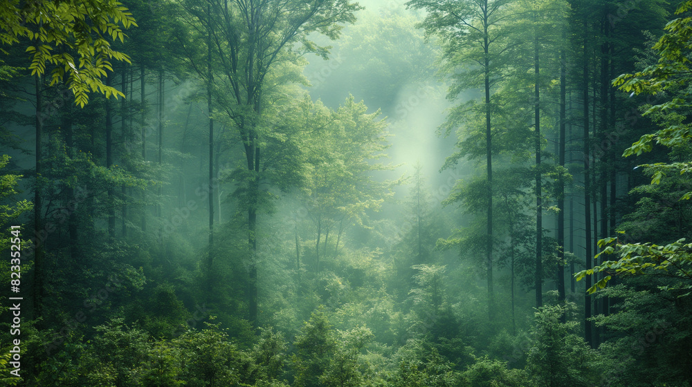 Fototapeta premium Misty morning in a dense forest.