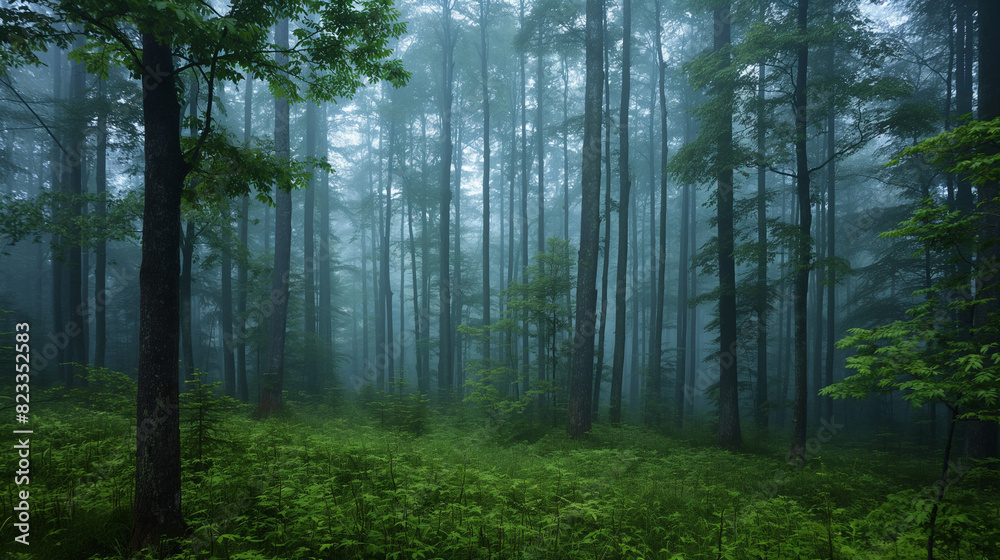 Misty morning in a dense forest.