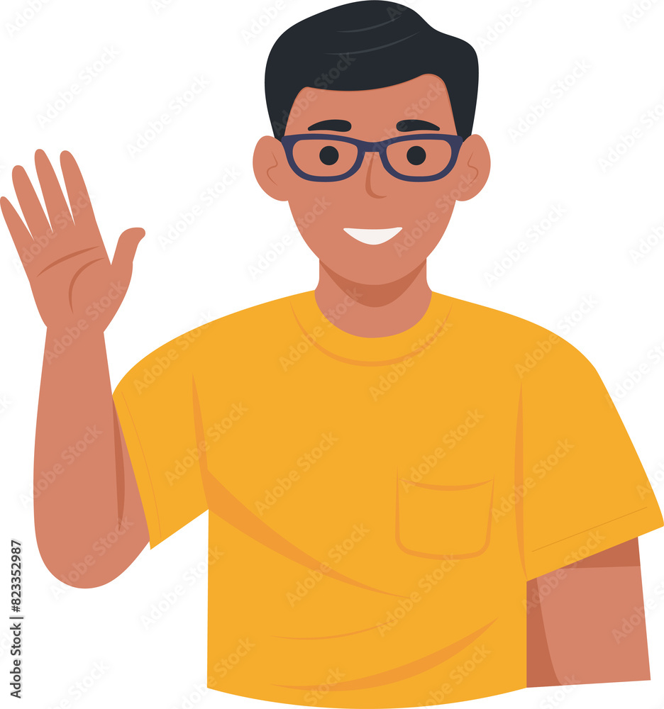 Smiling guy in glasses saying hello and waving with hand. Hi gesture. Joyful communication.F Smiling guy in glasses saying hello and waving with hand. Hi gesture. Joyful communication.F