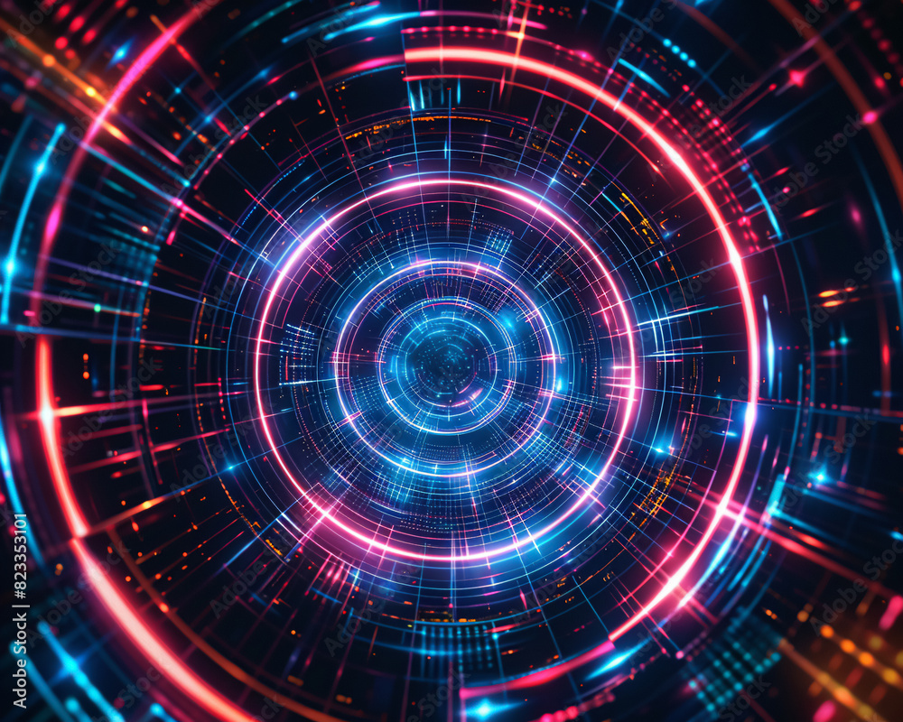 A futuristic abstract design with neon lines forming concentric circles and intersecting grid patterns, set against a dark background, creating a high-tech and vibrant lookHighly detailed photography