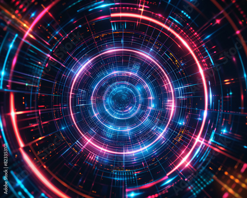 A futuristic abstract design with neon lines forming concentric circles and intersecting grid patterns  set against a dark background  creating a high-tech and vibrant lookHighly detailed photography