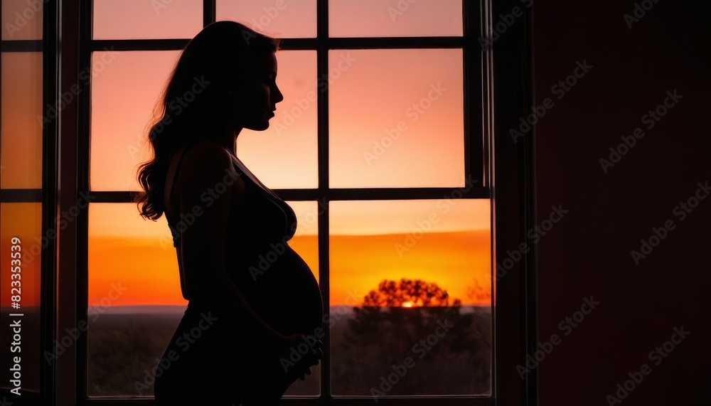 Silhouette of a pregnant woman standing by a window during a stunning sunset. The warm hues of the sky frame her figure, highlighting the peaceful moment of anticipation and new beginnings.