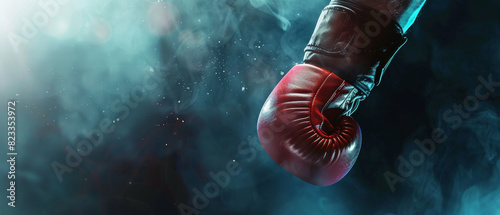 A boxing glove punches through mist, symbolizing power, determination, and athleticism. photo