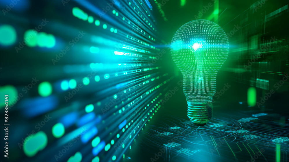 custom made wallpaper toronto digitalabstract light background, shiny light bulb, blue and green wall of binary code, waves, holographic