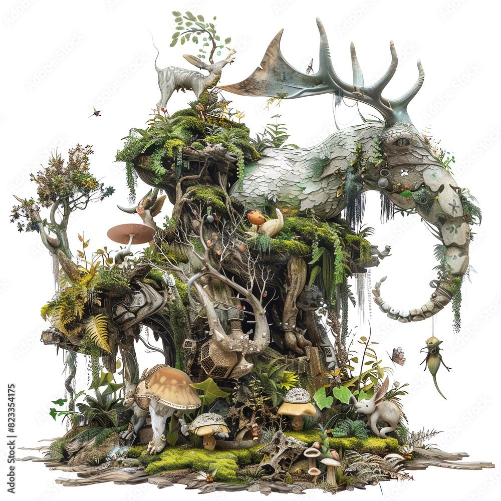 Fototapeta premium Surreal forest illustration with whimsical creatures, moss-covered trees, mushrooms, and mystical elements in a fantasy setting.