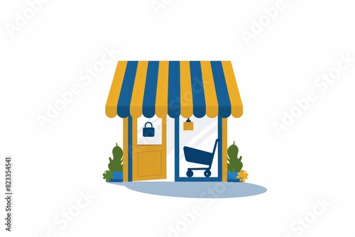 Minimalistic storefront illustration with a small awning  representing a digital e commerce shop