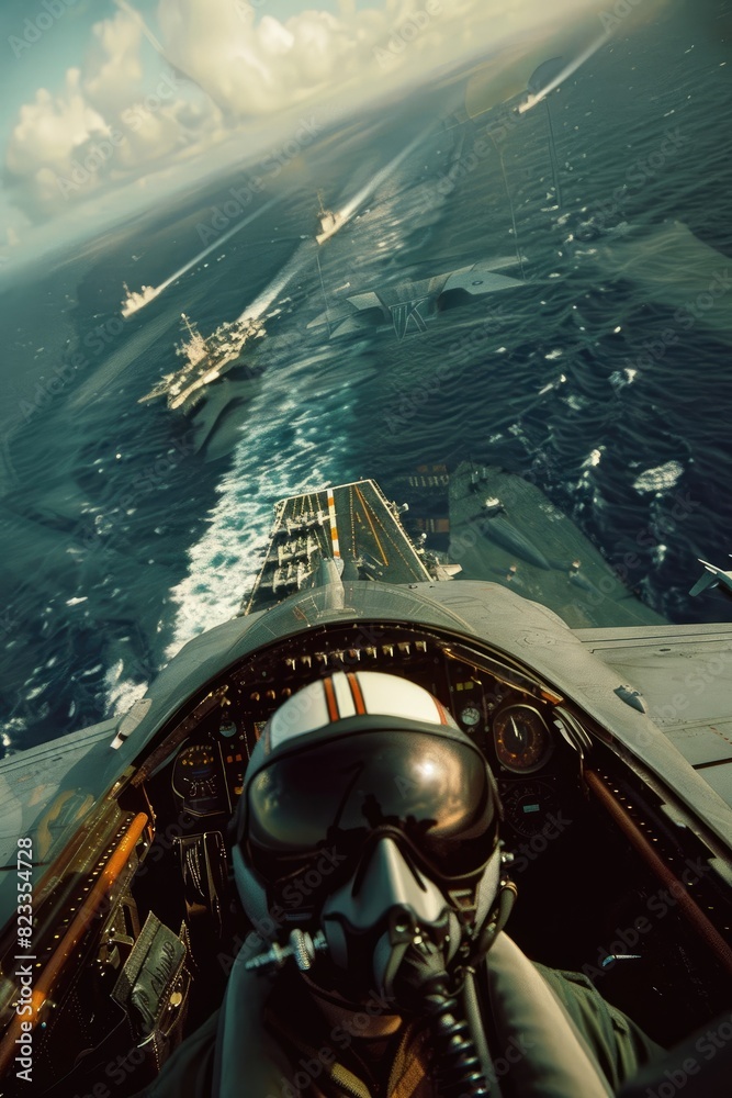 A pilot in the cockpit of a fighter plane, flying over military ship