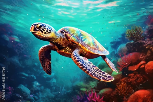 Enchanting Colorful underwater sea turtle. Water reef. Generate Ai