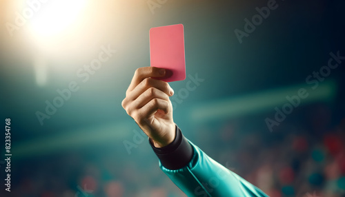 The referee shows the pink card during a football match at the stadium
