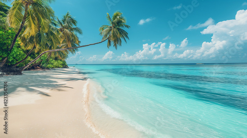 Tropical beach with turquoise waters and palm trees. © Wasin Arsasoi