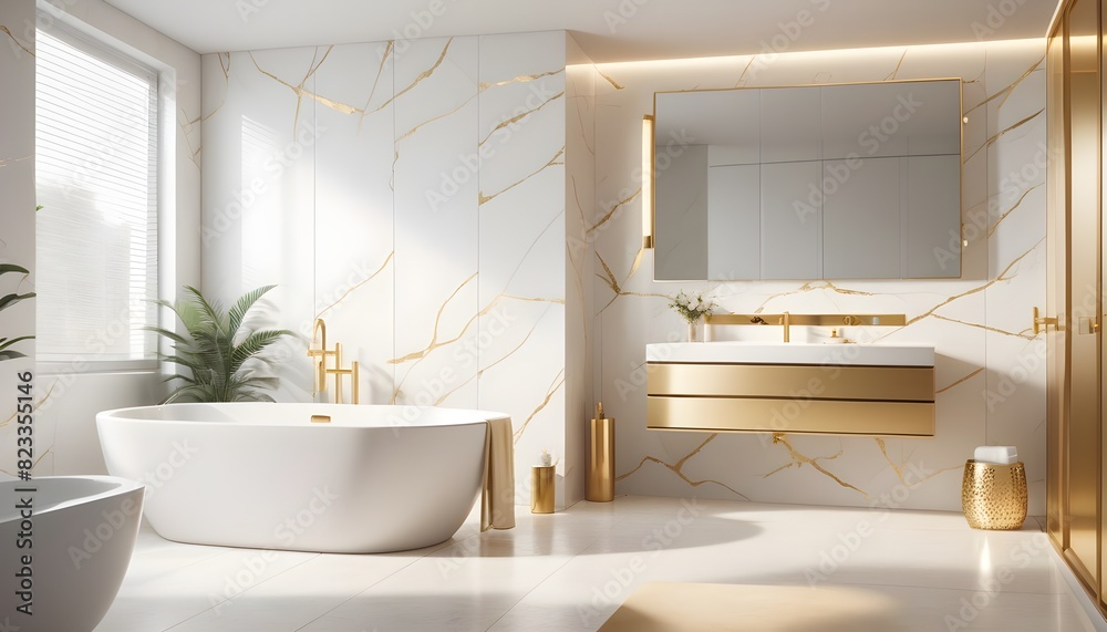 white and gold theme interior modern minimalism photo realism