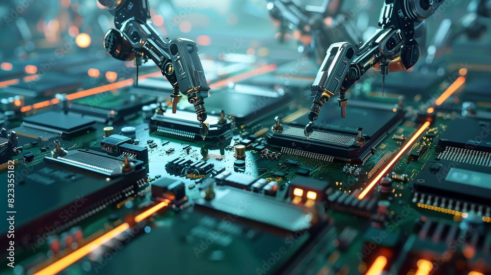 A factory with robots working on a production line. The robots are white and are working on a blue surface A factory with robots working on a production line. The robots are white and are working on a blue surface
