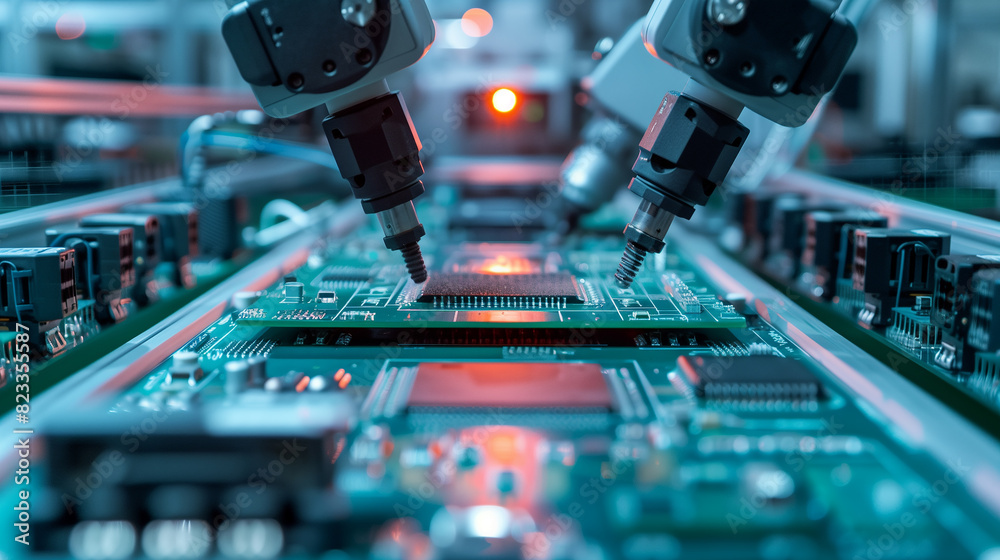 A factory with robots working on a production line. The robots are white and are working on a blue surface