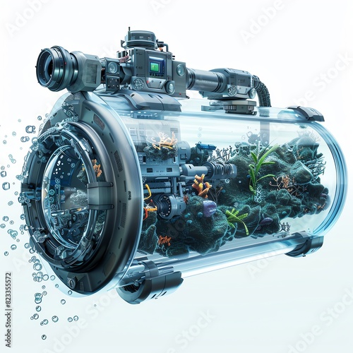 Futuristic underwater drone exploring marine life in a transparent capsule, capturing vibrant coral and aquatic creatures in high definition. photo