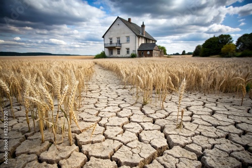 The concept of global warming on planet Earth. Dry and cracked earth and a field of wheat. The farmer's wheat crop is dead, dead, withered. The effects of climate change. photo