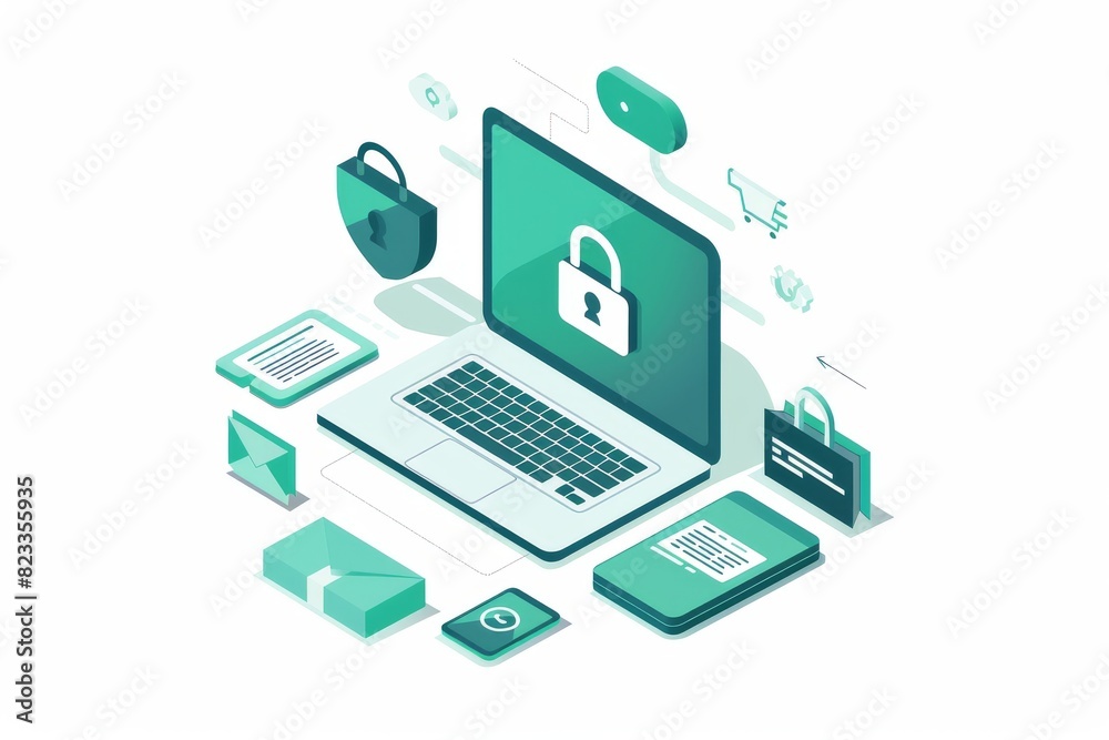 Minimalistic illustration of a secure digital shopping environment with a laptop and various security elements Minimalistic illustration of a secure digital shopping environment with a laptop and various security elements