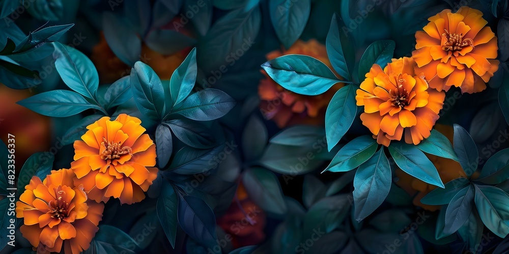 Visually appealing marigold flower wallpaper with green leaves. Concept Marigold Flower, Wallpaper, Green Leaves, Visually Appealing, Floral Decor