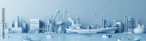 A paper cut scene of a shipyard with dry docks, welding crews, and ship hulls being built, shades of blue and gray, detailed maritime industrial elements3D vector illustrations