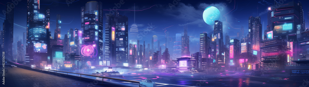 Futuristic Cityscape at Night with Neon Lights and Moon