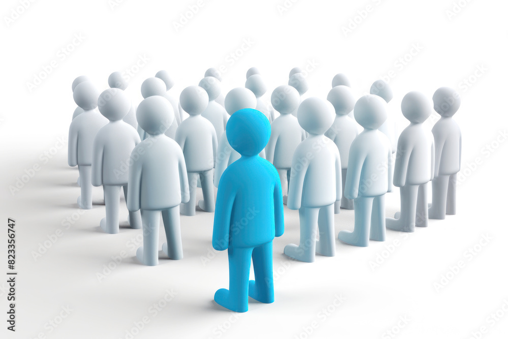 3D illustration of white figure standing out in group of blue figures. Concept of leadership, individuality, teamwork, community. Isolated on white background. Ideal for business, educational designs 3D illustration of white figure standing out in group of blue figures. Concept of leadership, individuality, teamwork, community. Isolated on white background. Ideal for business, educational designs