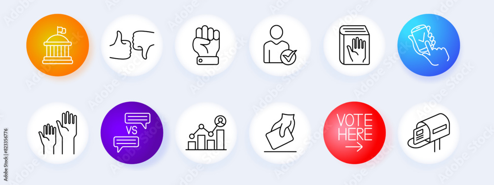 Elections set icon. Fist, candidate, voter, oath on the bible, exit poll, electronic voting, government building, rating, statistics, ballot, protest, constituent, electronic voting, opinions battle