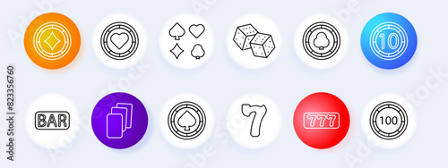 Casino set icon. Coin, chip, bet, card suits, dice, spades, diamonds, hearts, crosses, dibs, 777, cards, win, stake, risks, excitement, ardor, passion, doubling, bar, shuffling. Gambling concept.