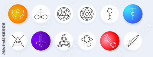Sect set icon. Pentagram, occultism, Sigil of Baphomet, ritual dagger, sacrifices, inverted cross, Satan, 666, eye, key, crescent moon with star, infinity sign, worship, faith. Cult concept.