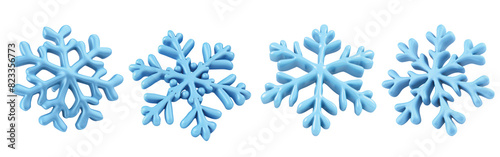 3D rendered blue snowflakes in various designs, isolated on transparent background. Ideal winter-themed projects, Christmas, seasonal decorations. Suitable graphic design, stickers, holiday banners