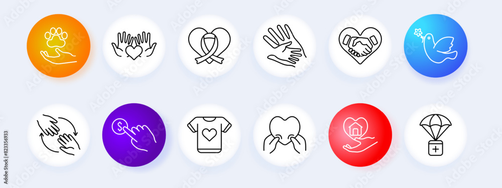 Charity set icon. Help for those in need, heart, palms, hands, ribbon, fight against cancer, blue bird of peace, donation, flower, animal protection, humanitarian aid, financial support. Help concept.