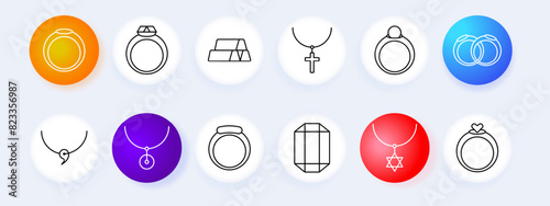 Jewelry set icon. Ring, diamond, adamant, cross, wedding rings, gemstone, wedding rings, pendant, bracelet, pendant, star of David, luxury, heart, gift, chain, ring, hoop, emerald, amethyst, sapphire