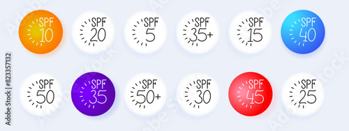 SPF set icon. Sunscreen, protection, 20, 5, 35, 15, 40, 10, 50, 30, 25, 45, 35, sunburn, skin care, ultraviolet radiation, photoaging, pigmentation, age spot, freckles, wrinkles, skin cancer, melanoma