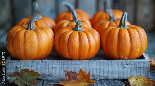 A group of bright orange pumpkins arranged neatly on a rustic wooden crate