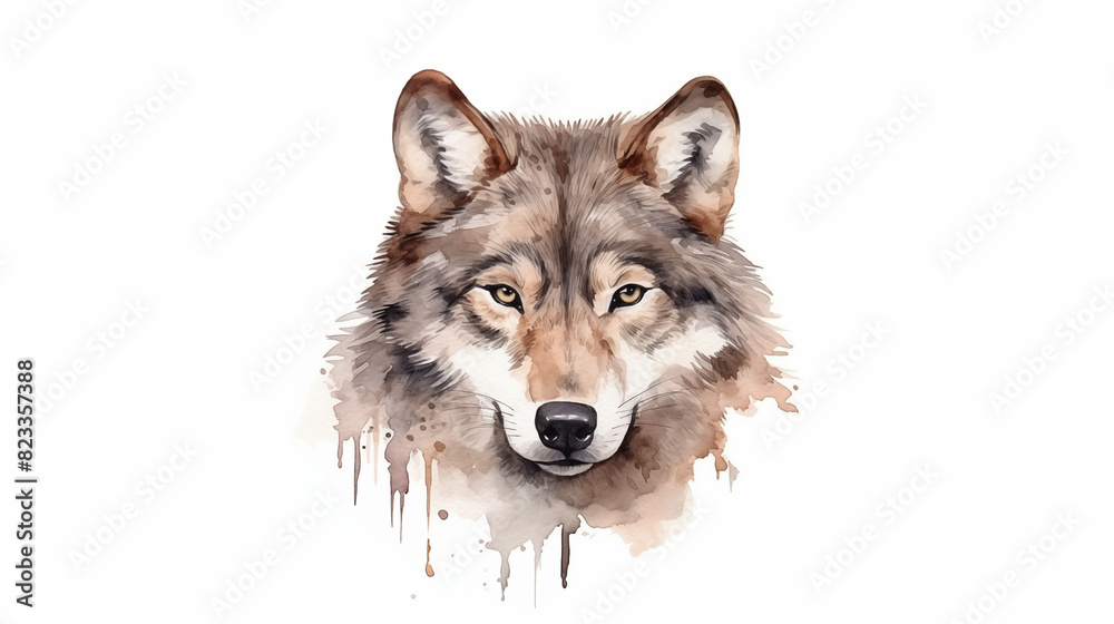 water color illustration of a brown hair wolf face front view on white background