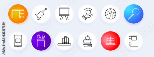 School set icon. School bell, blackboard, student cap, learning, school items, basketball, magnifying glass, loupe, desk, books, reading, diary, grades, teacher, student, study. Education concept.