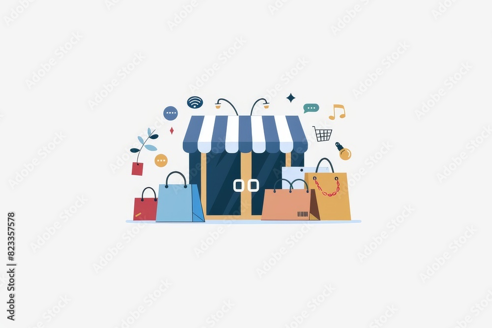 Vibrant illustration of a digital storefront with various shopping bags and secure online transactions Vibrant illustration of a digital storefront with various shopping bags and secure online transactions
