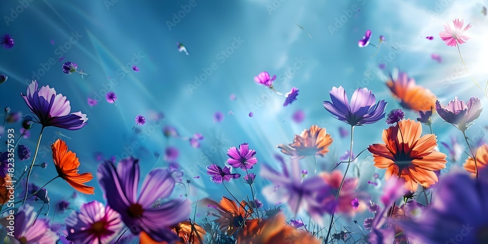 Blooms of vibrant colors scatter in the air, enhancing a picturesque meadow. Concept Nature, Flowers, Colors, Meadow, Scenery