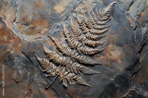 Multiple fossilized fern leaves on a textured marble background, highlighting the beauty of natural imprints