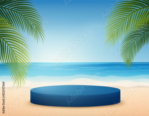 stone Summer podium sand tropical background sea abstract poduim beach product dais display presentation rock beauty racked nature palm sky pedestal vacation blue