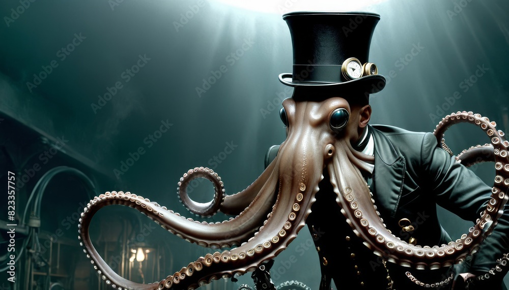 An octopus wearing a top hat and steampunk attire poses in a dimly lit ...