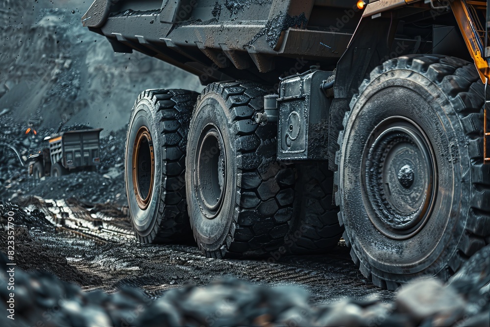 Heavy mining truck transporting rocks through a rugged construction site with motion visible on tires